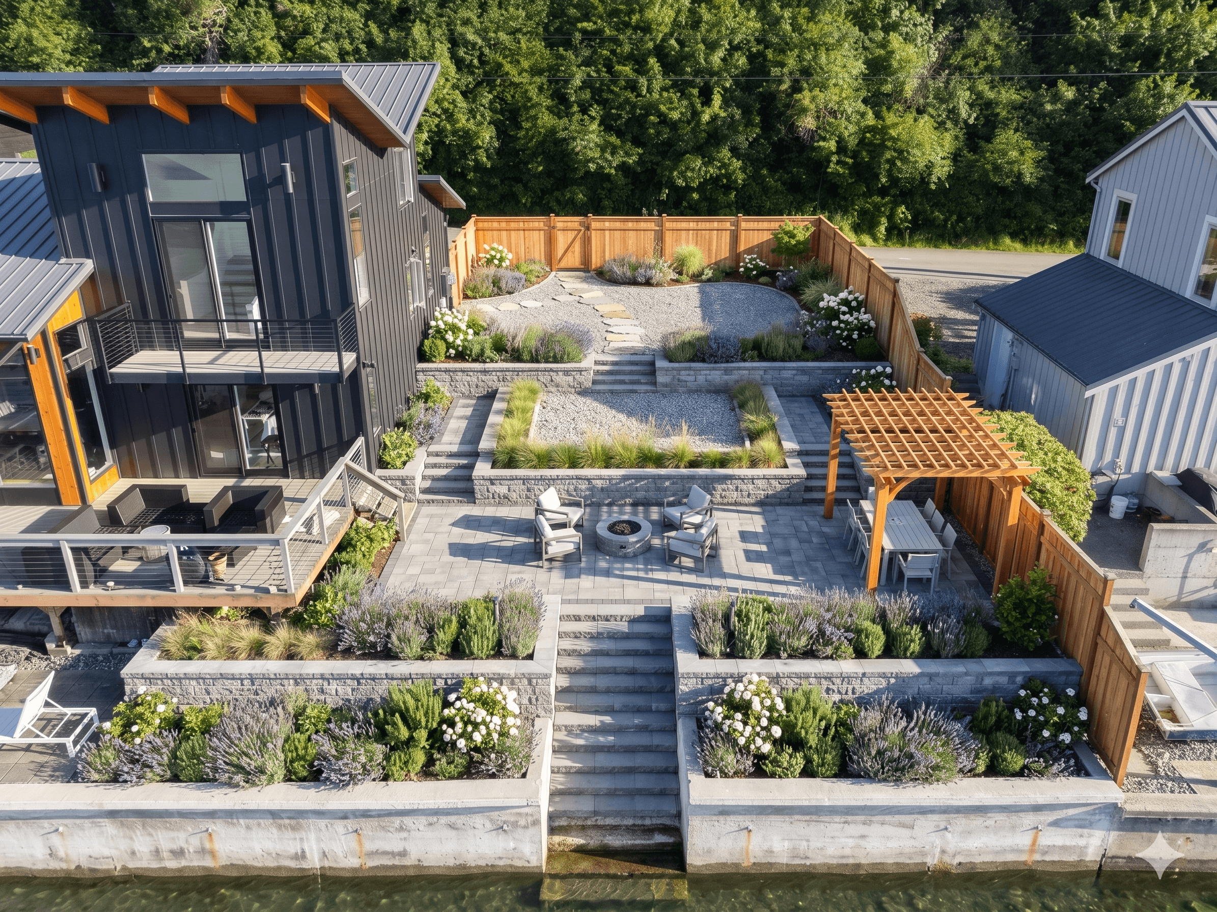 Planned design visualization of a waterfront yard with terraced retaining walls, a patio, a fire pit, and a pergola; construction is in progress