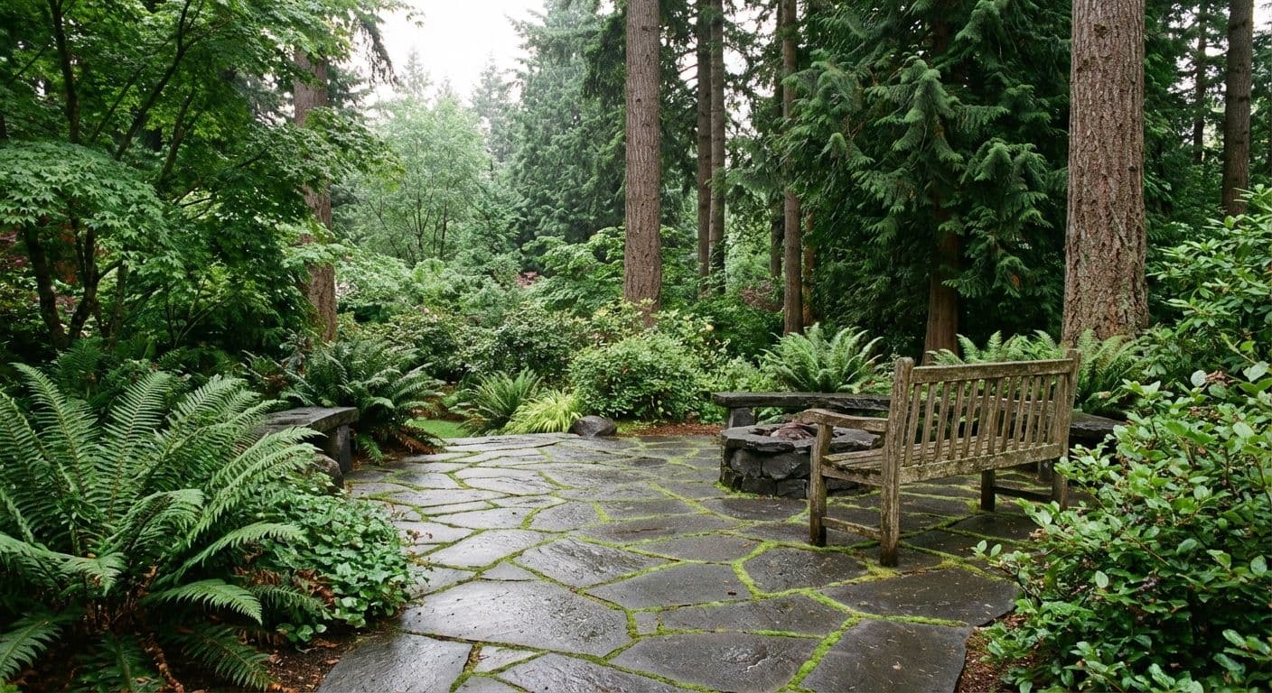 Natural stone patio with moss-lined joints in a Pacific Northwest garden